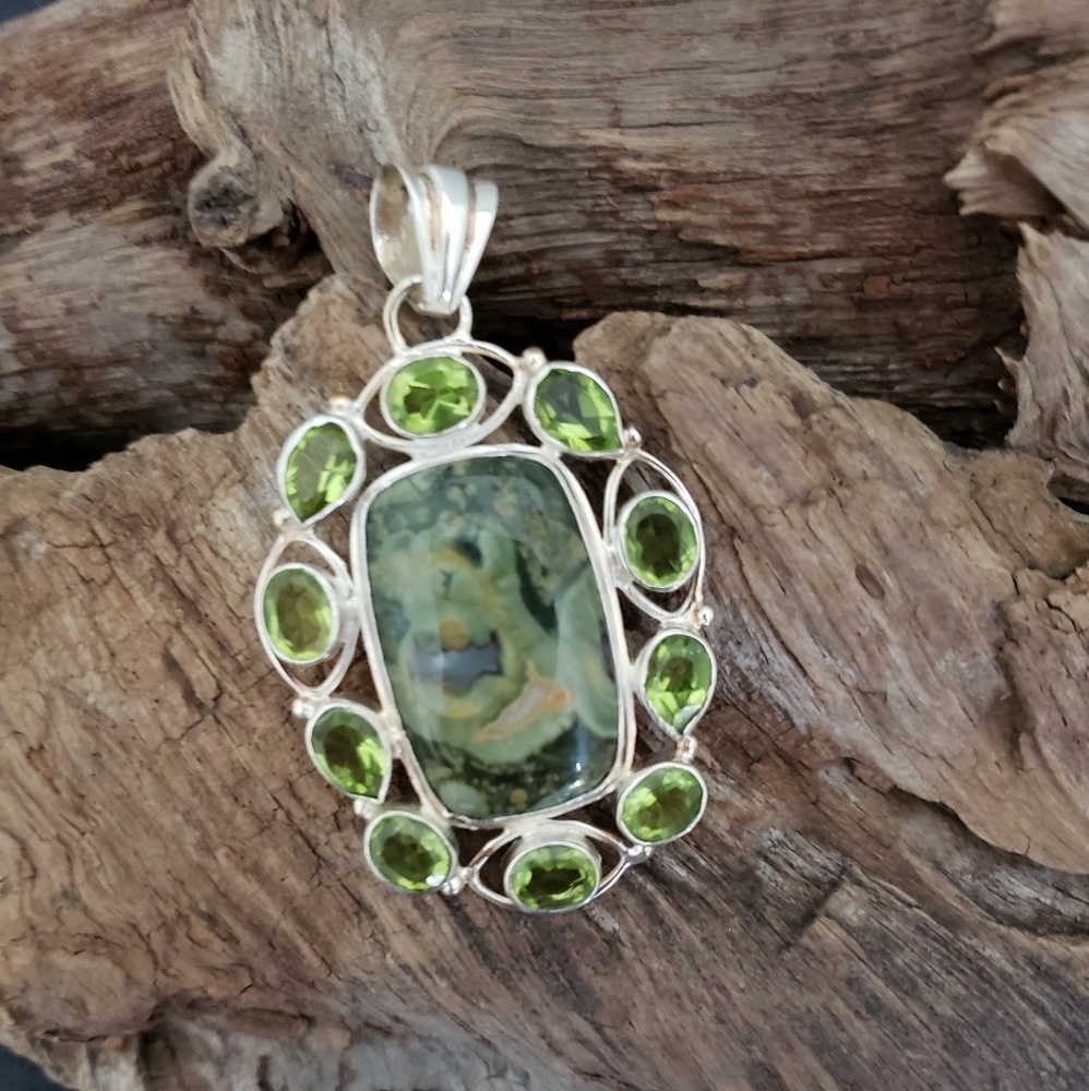 Sterling silver Rain Forest Rhyolite pendant.